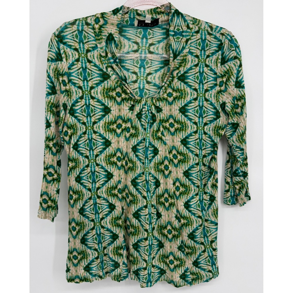 Jones New York Sport Petite Green Teal Geometric V-Neck 3/4 Sleeve Top Sz PS